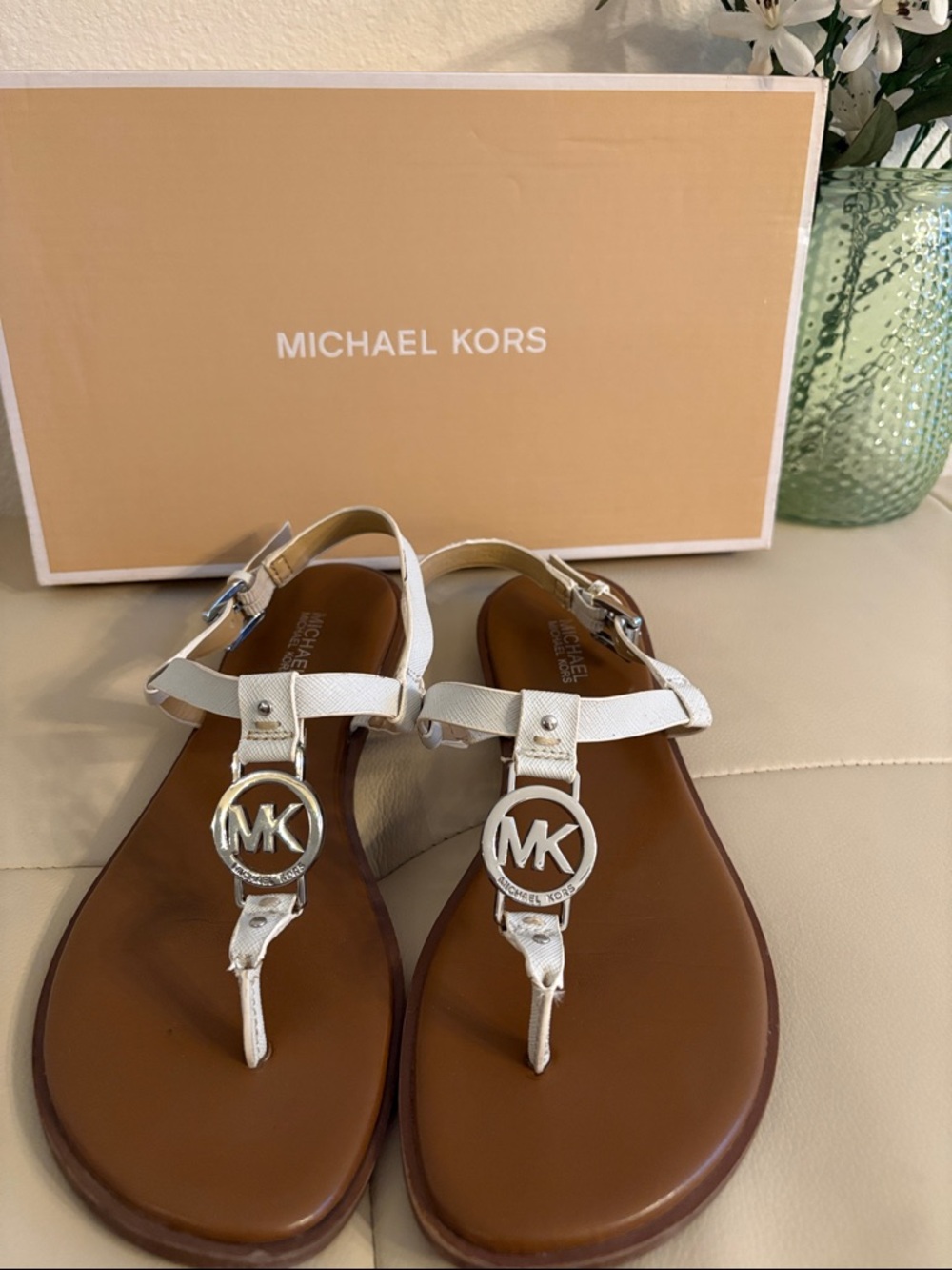Michael Kors White and Brown Logo T-Strap Sandals